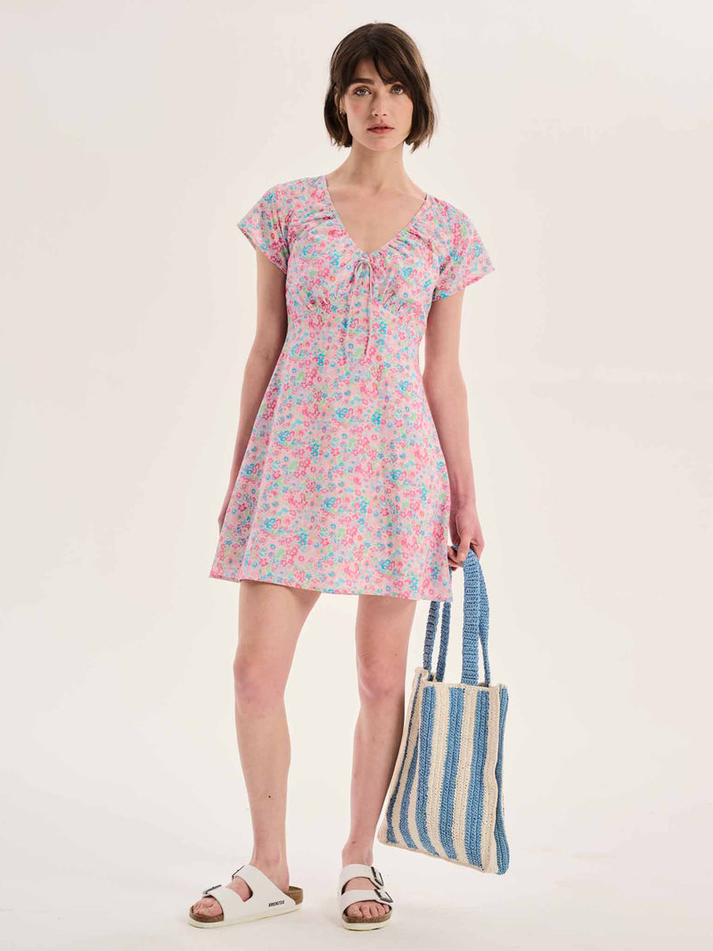 Dotty V Neck Ruched Mini Dress in Floral Print