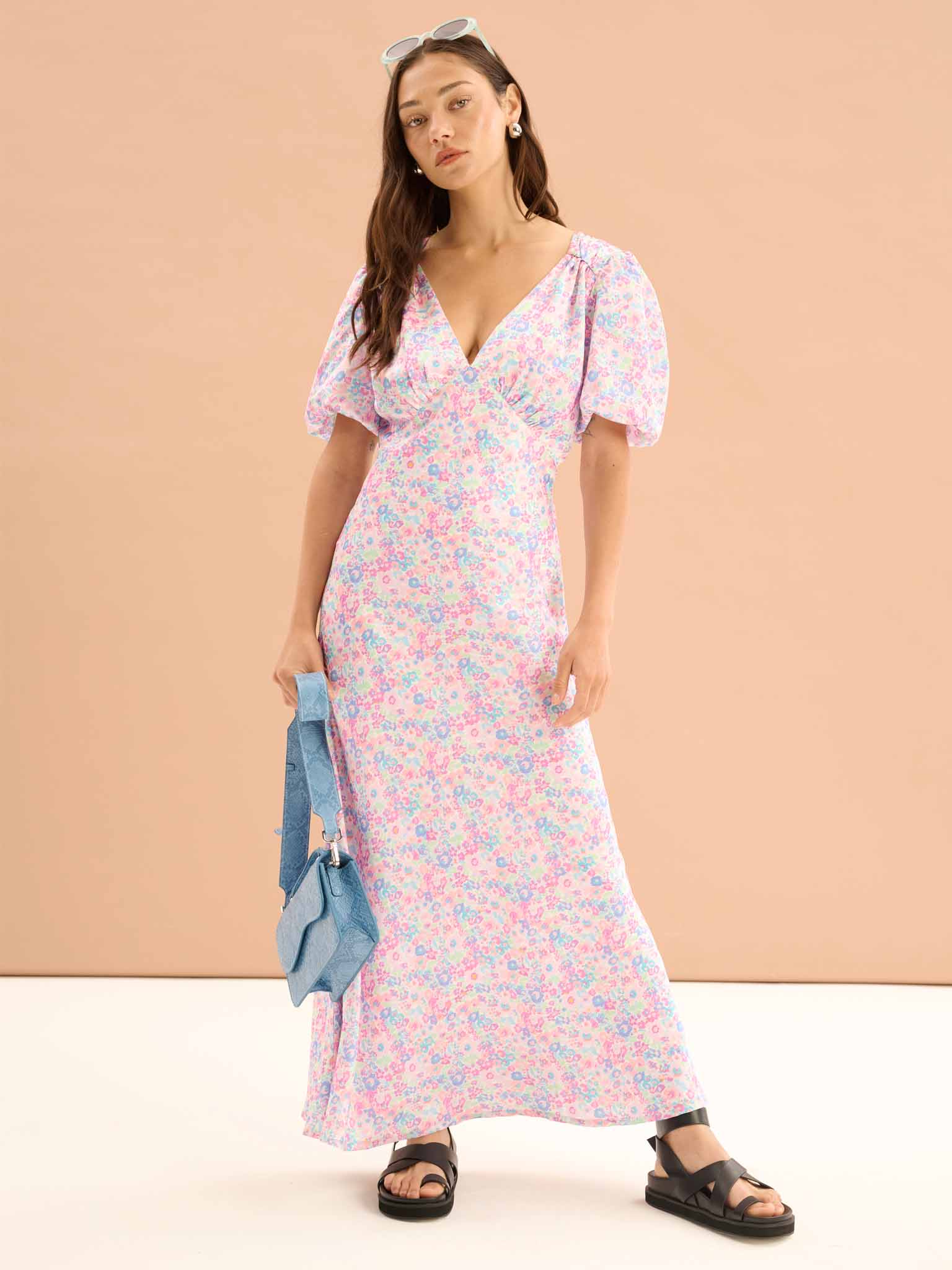 floral ruched dress puff sleeve Women's Floral Ruched Scoop Neck Midi Dress
