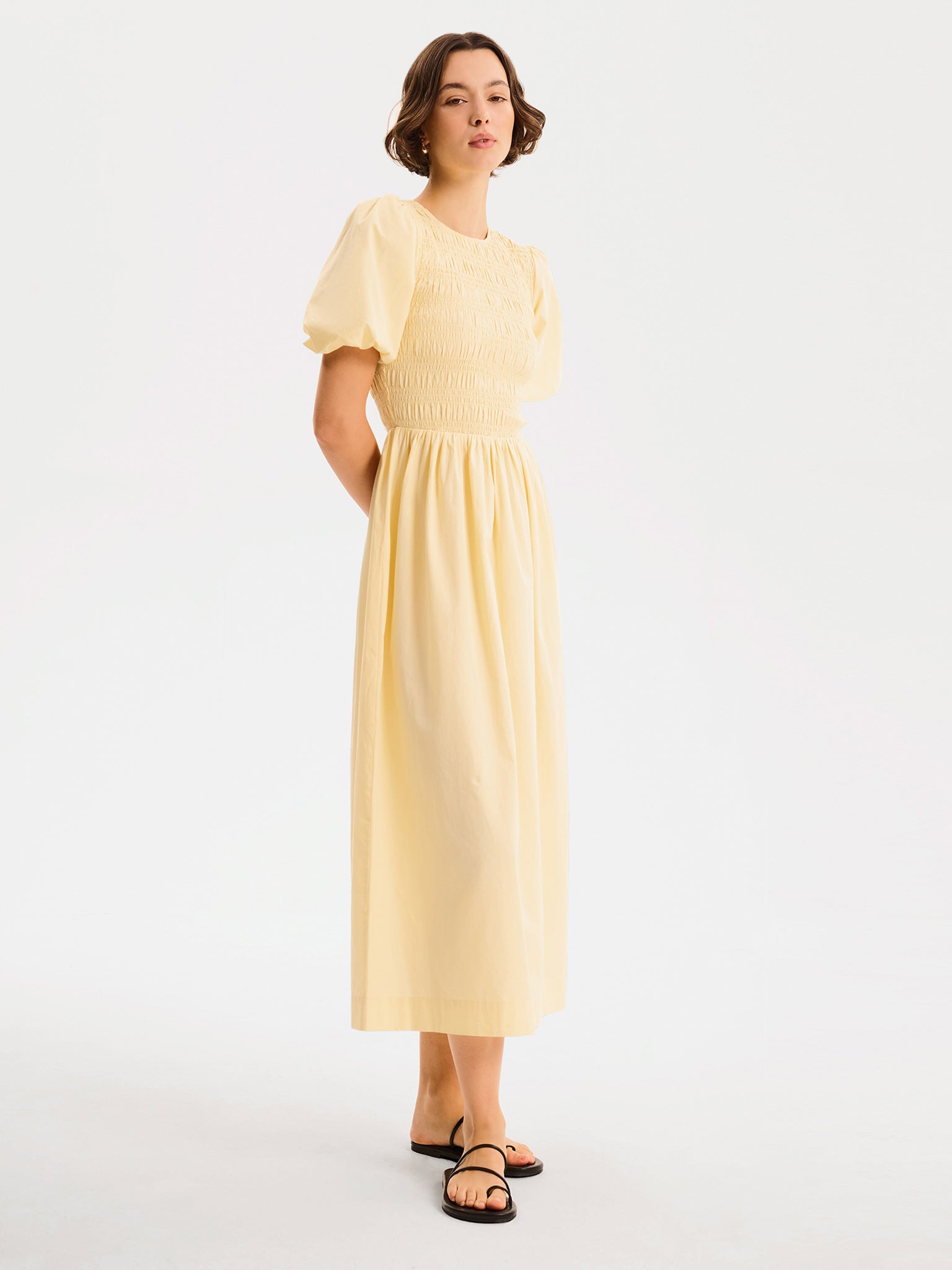 butter yellow midi dress Mademoiselle Square Neck Cocktail S pattern dress detailed with a curved peplum encircling the waist BUTTER YELLOW KNIT & COTTON