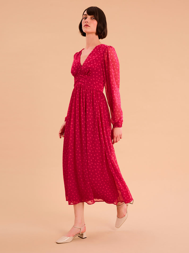 Long sleeved, v neck midi dress in red with print and ruching at the waist