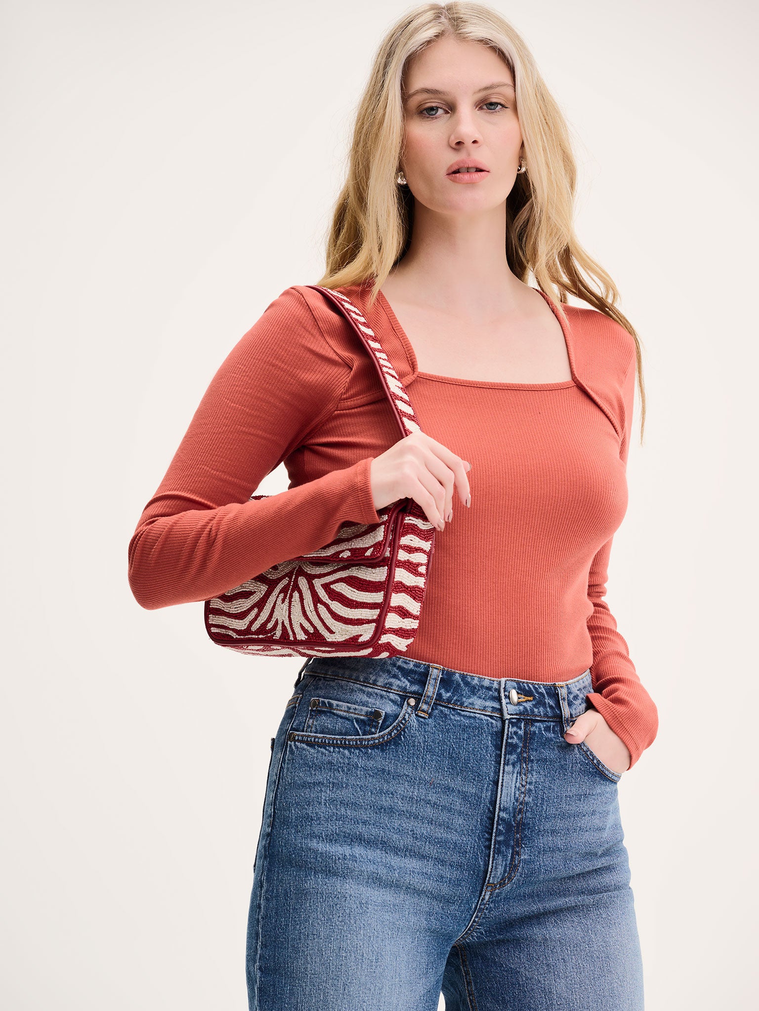 Fearne Square Neck Jersey Top Brick