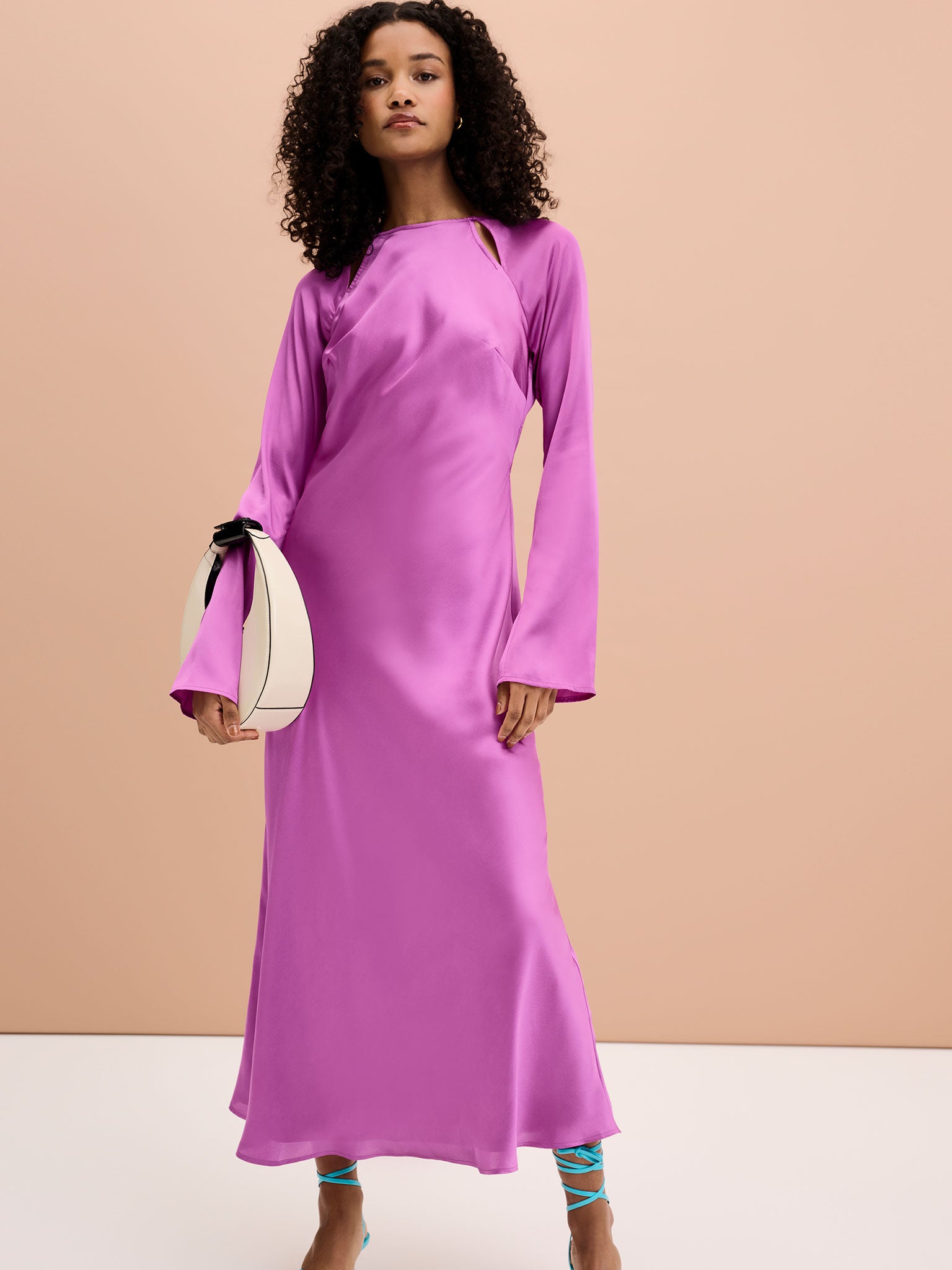 Omnes Womens Purple Tallulah Cut-out Long-sleeve Satin Midi Dress 8 Omnes Womens Purple Tallulah Cut-out Long-sleeve Satin Midi Dress 8