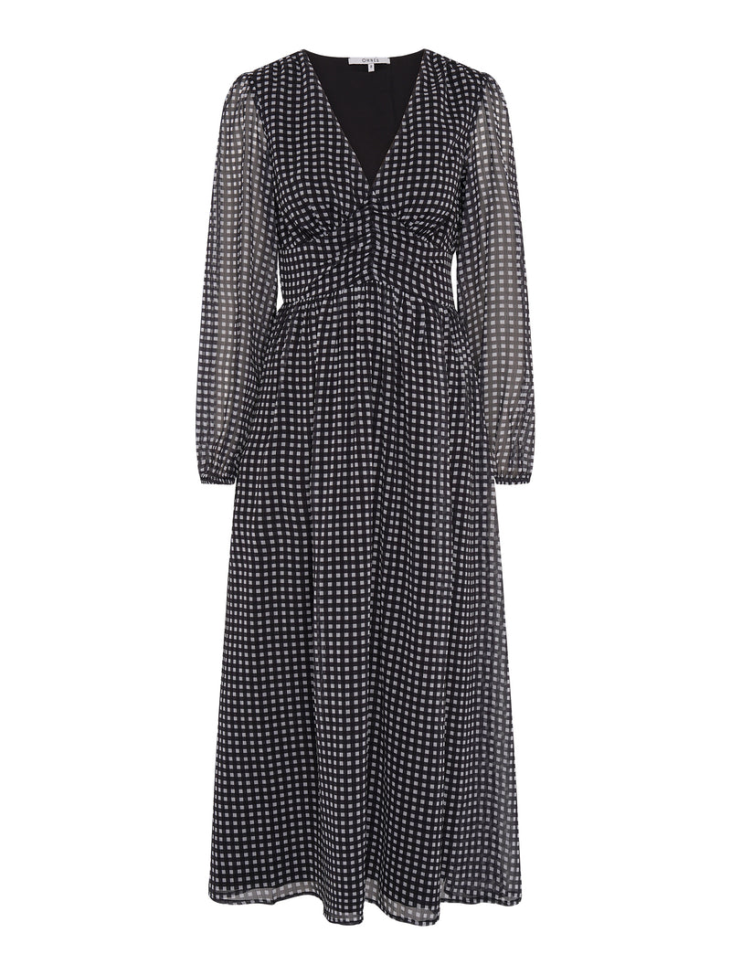 Long sleeved, v neck midi dress in black with white gingham print and ruching at the waist