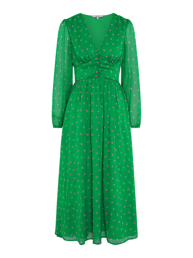 Long sleeved, v neck midi dress in green with print and ruching at the waist