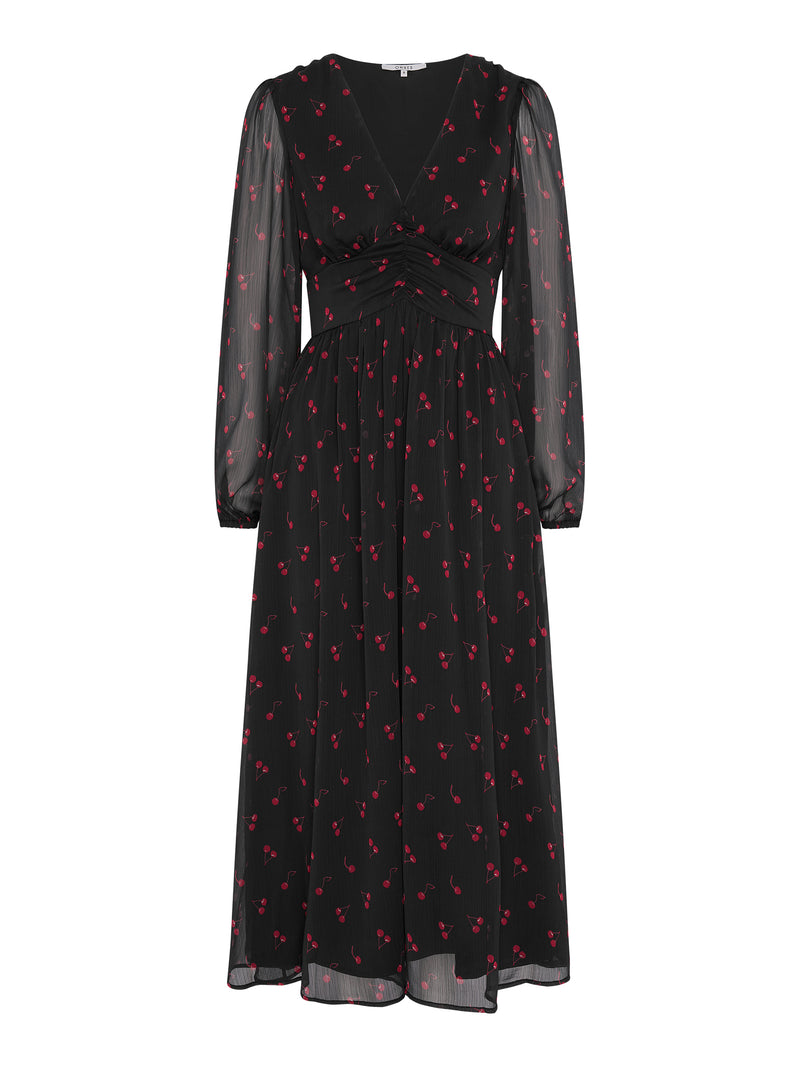 V neck midi dress with long sleeves in black with cherry print
