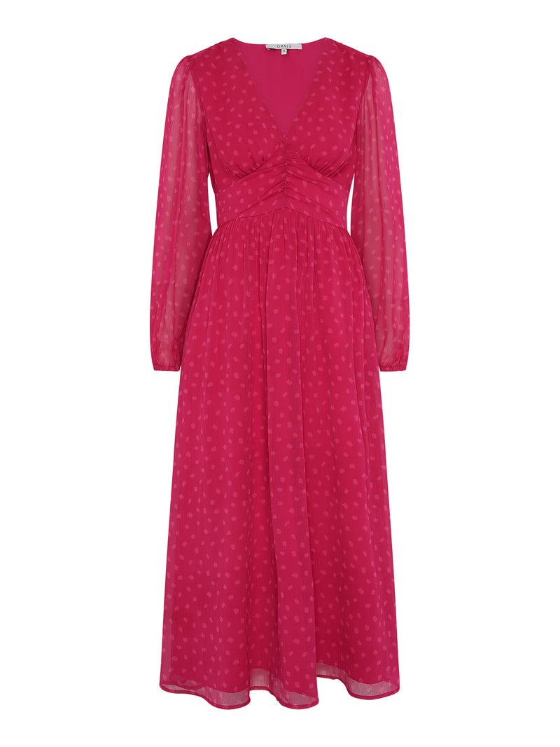 Long sleeved, v neck midi dress in red with print and ruching at the waist