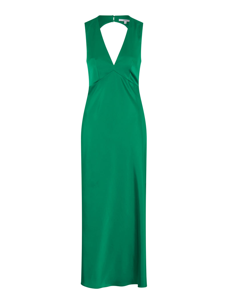 lipstick color for emerald green dress Simple A Line V Neck Emerald Green Long Prom Dress with High Slit, V N –  morievent main image 1