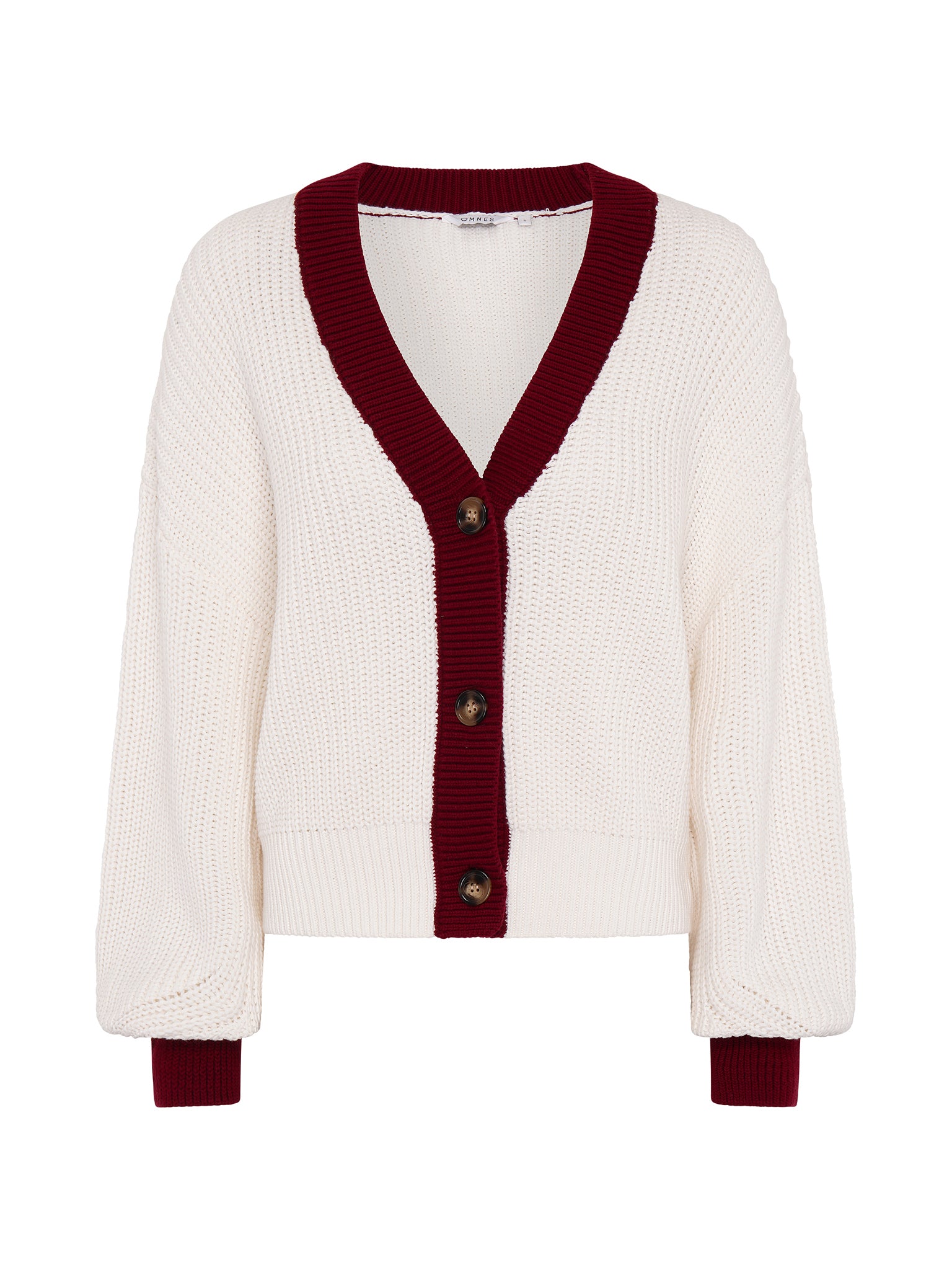 Hopper Cotton Cardigan in Cream/Burgundy | OMNES | Knitwear