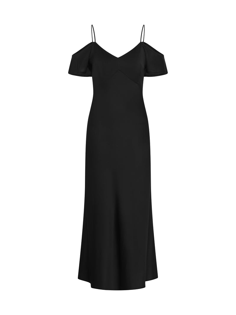 black drop shoulder midi dress in black