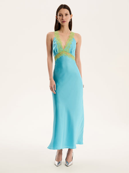 Aurelia Lace Trim Maxi Dress in Turquoise and Green | OMNES