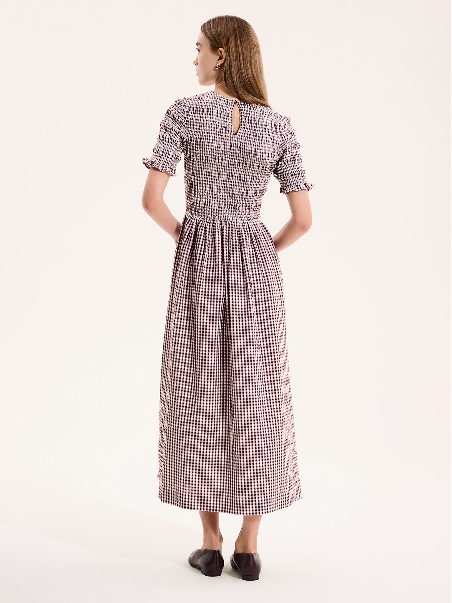 Omnes Gingham-print Shirred-bodice Cotton Midi Dress - Chocolate Omnes Gingham-print Shirred-bodice Cotton Midi Dress - Chocolate