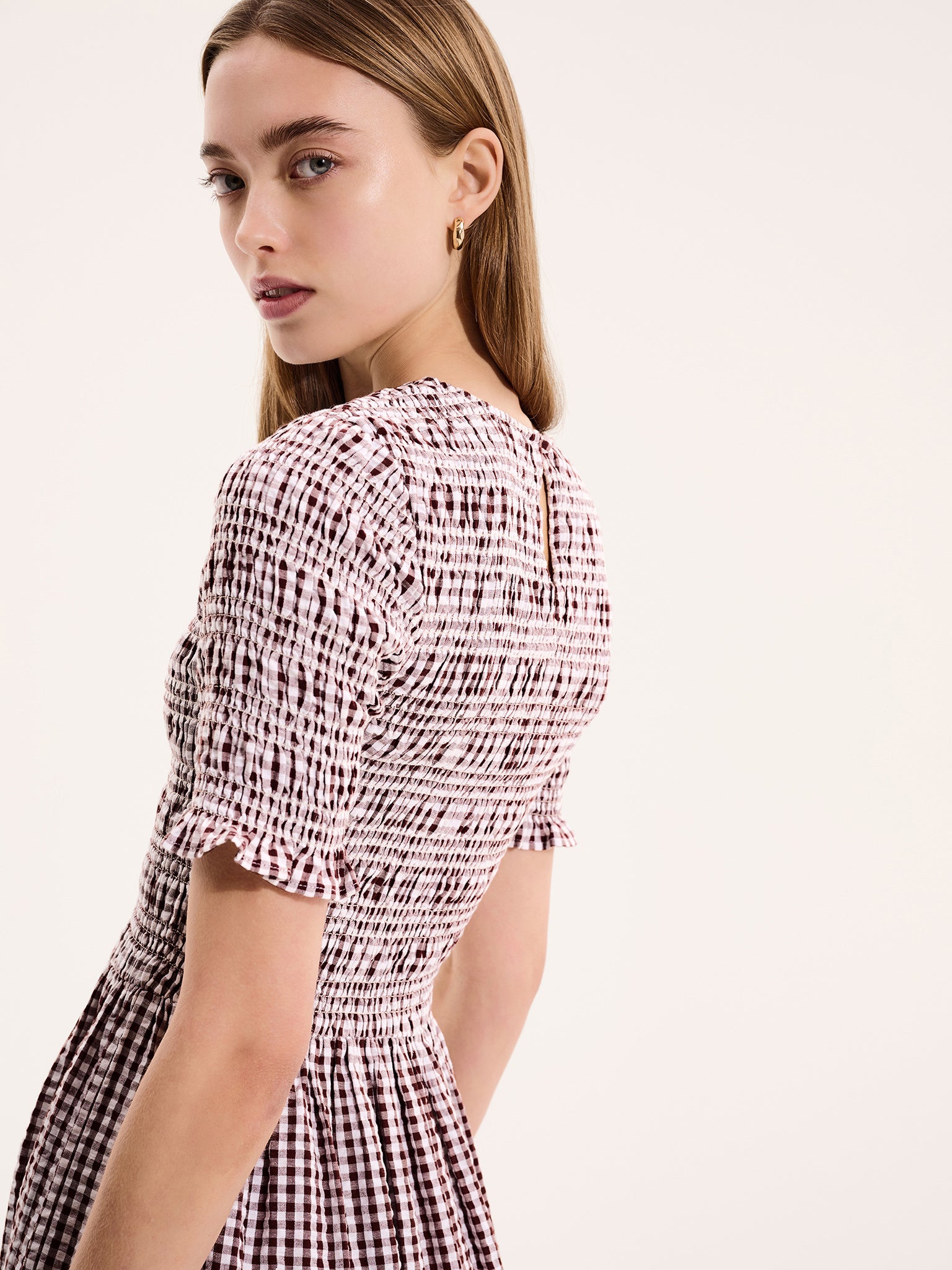 Omnes Gingham-print Shirred-bodice Cotton Midi Dress - Chocolate Omnes Gingham-print Shirred-bodice Cotton Midi Dress - Chocolate