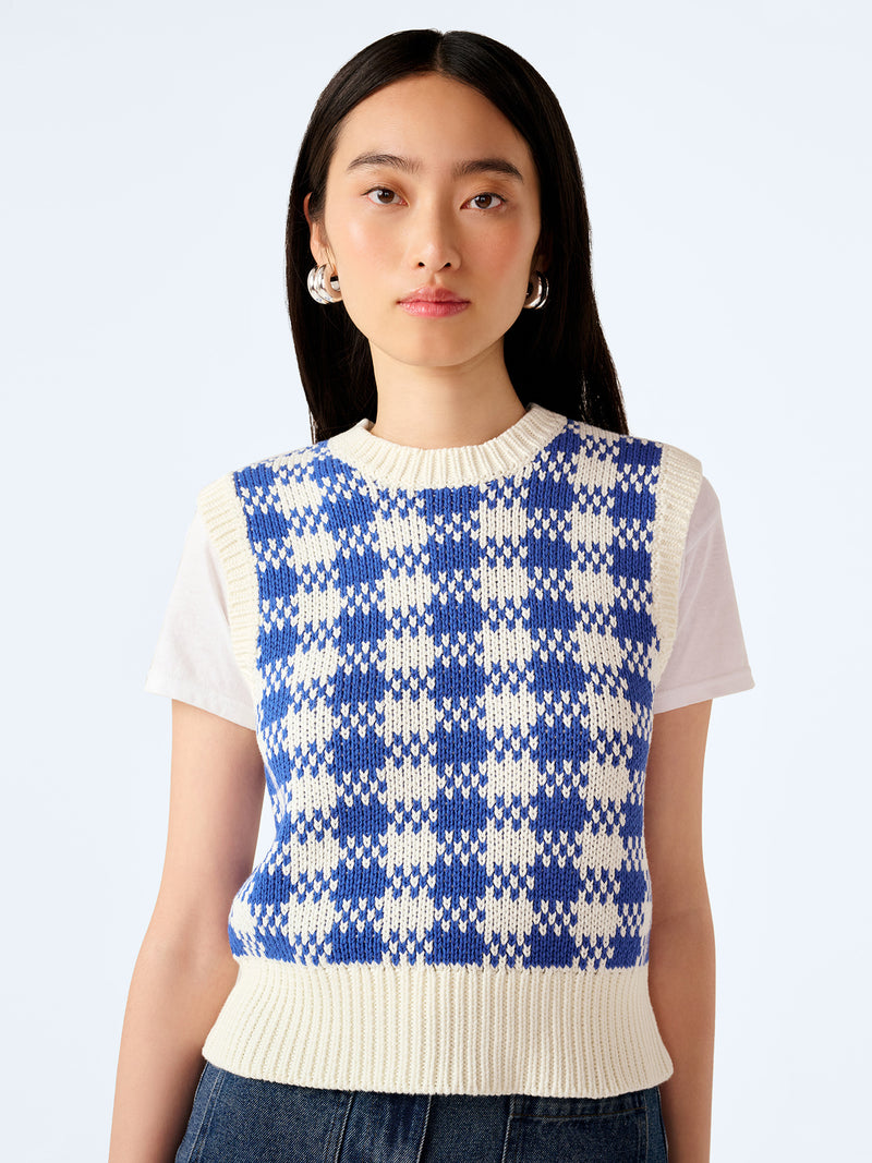 Bob Checked Vest in Blue and Cream