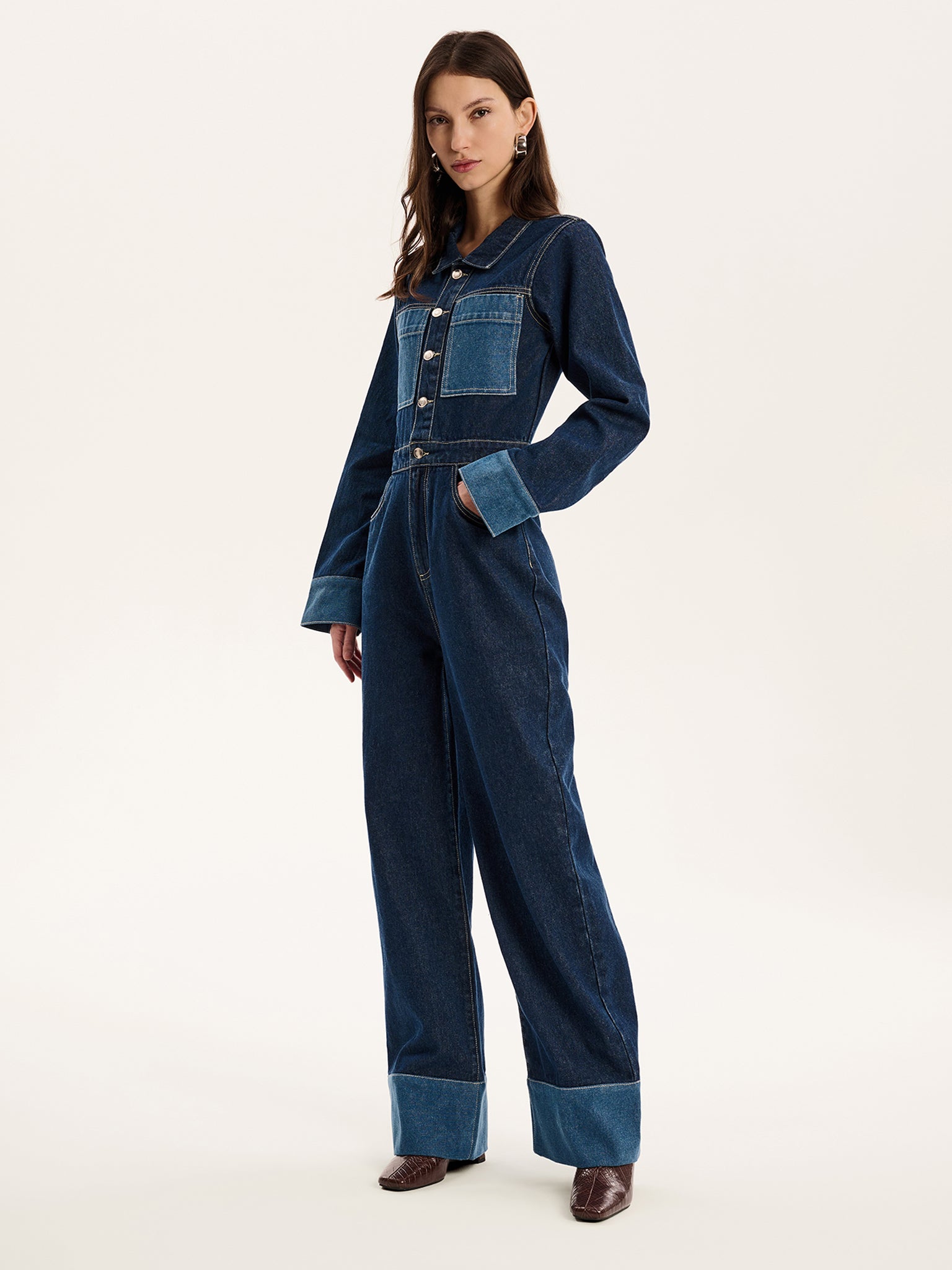 Diya Contrast Denim Jumpsuit in Midwash | OMNES | Jumpsuits