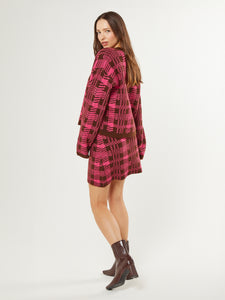 Emma Checked Knitted Skirt in Magenta and Brown