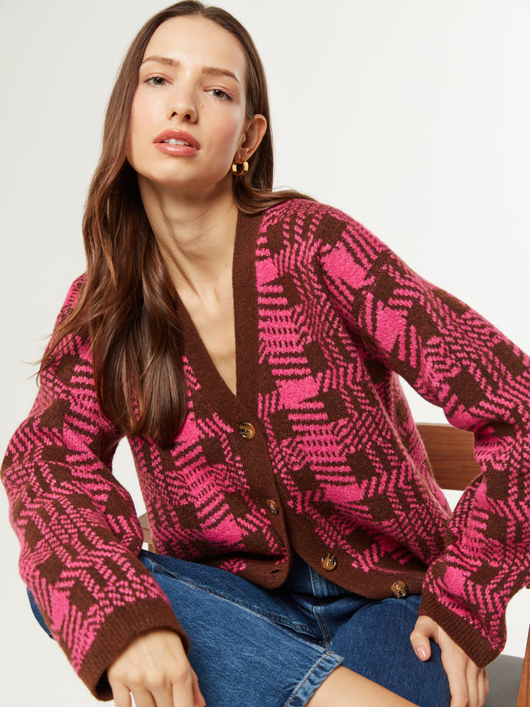 Francesca Check Cardigan in Magenta and Brown