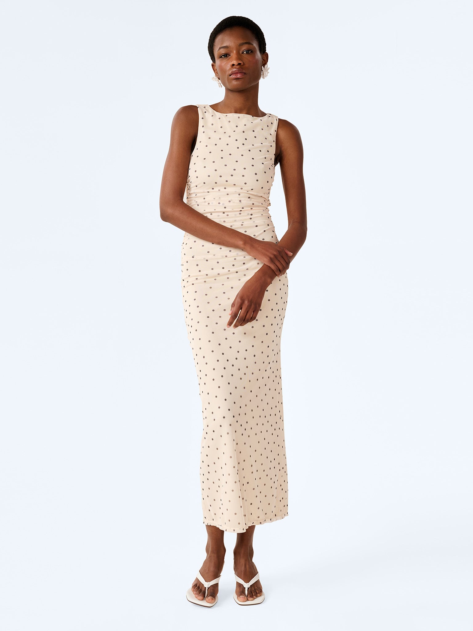 Hollis Sleeveless Dress in White Polka Dot – OMNES Hollis Sleeveless Dress in White Polka Dot – OMNES