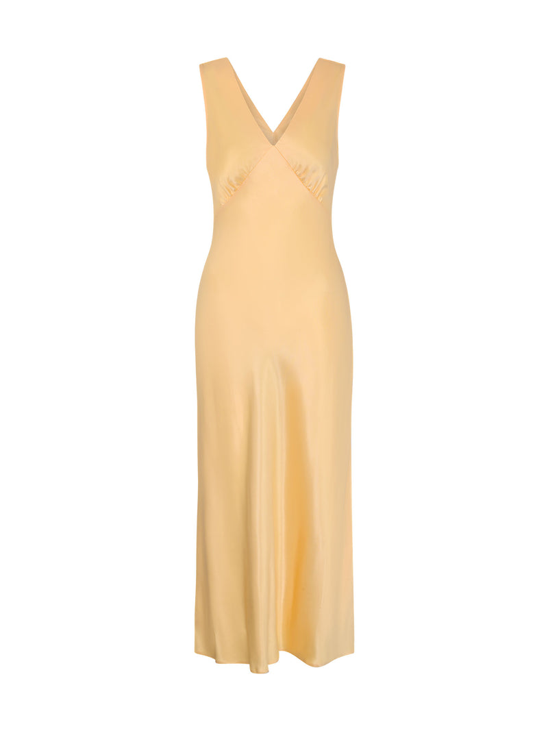 yellow satin maxi dress with v neck and ruching detail