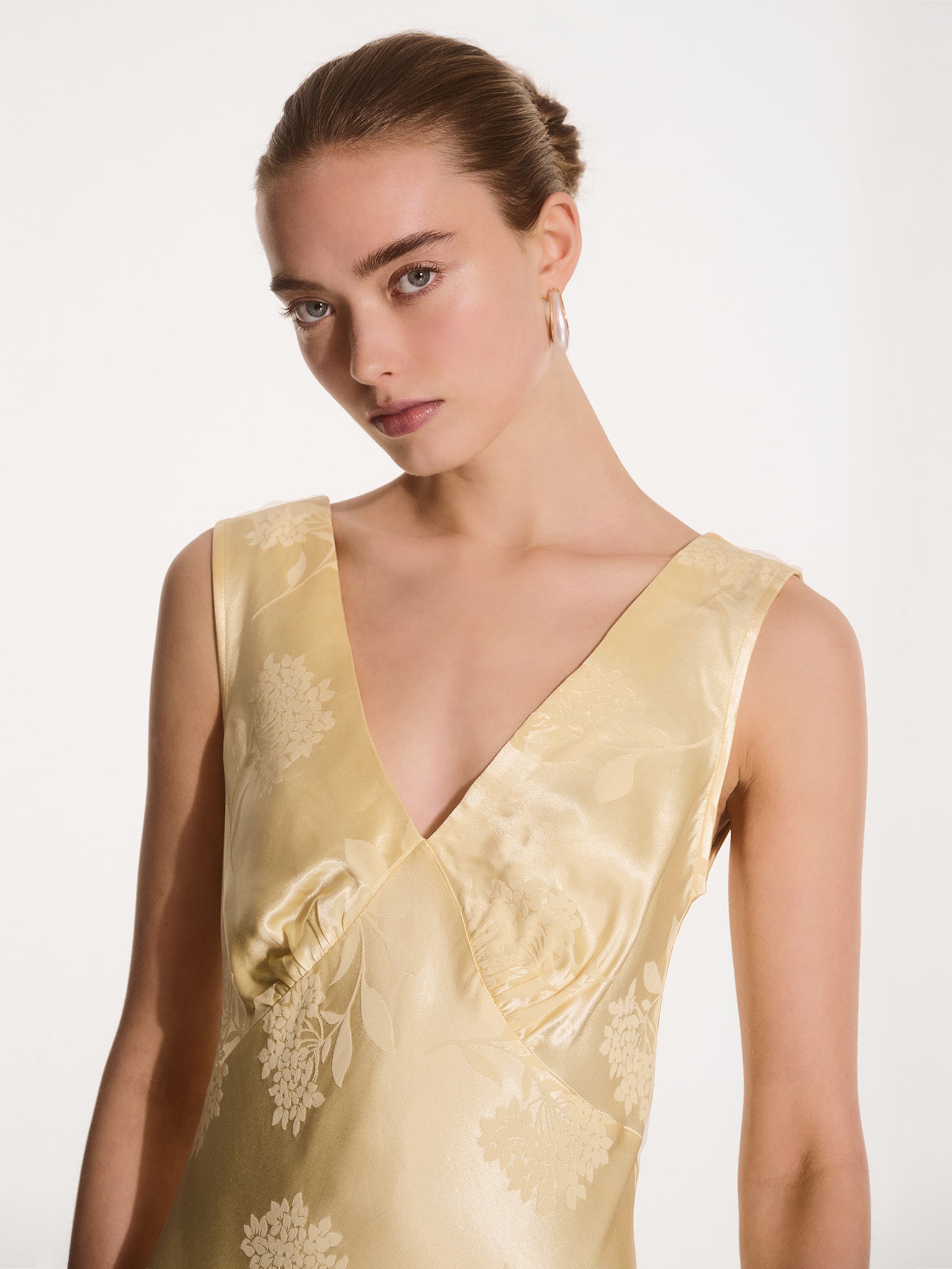 yellow jacquard dress Floral High Neck Mini Shown in Golden Yellow Yellow Coast Jacquard Tie Shoulder