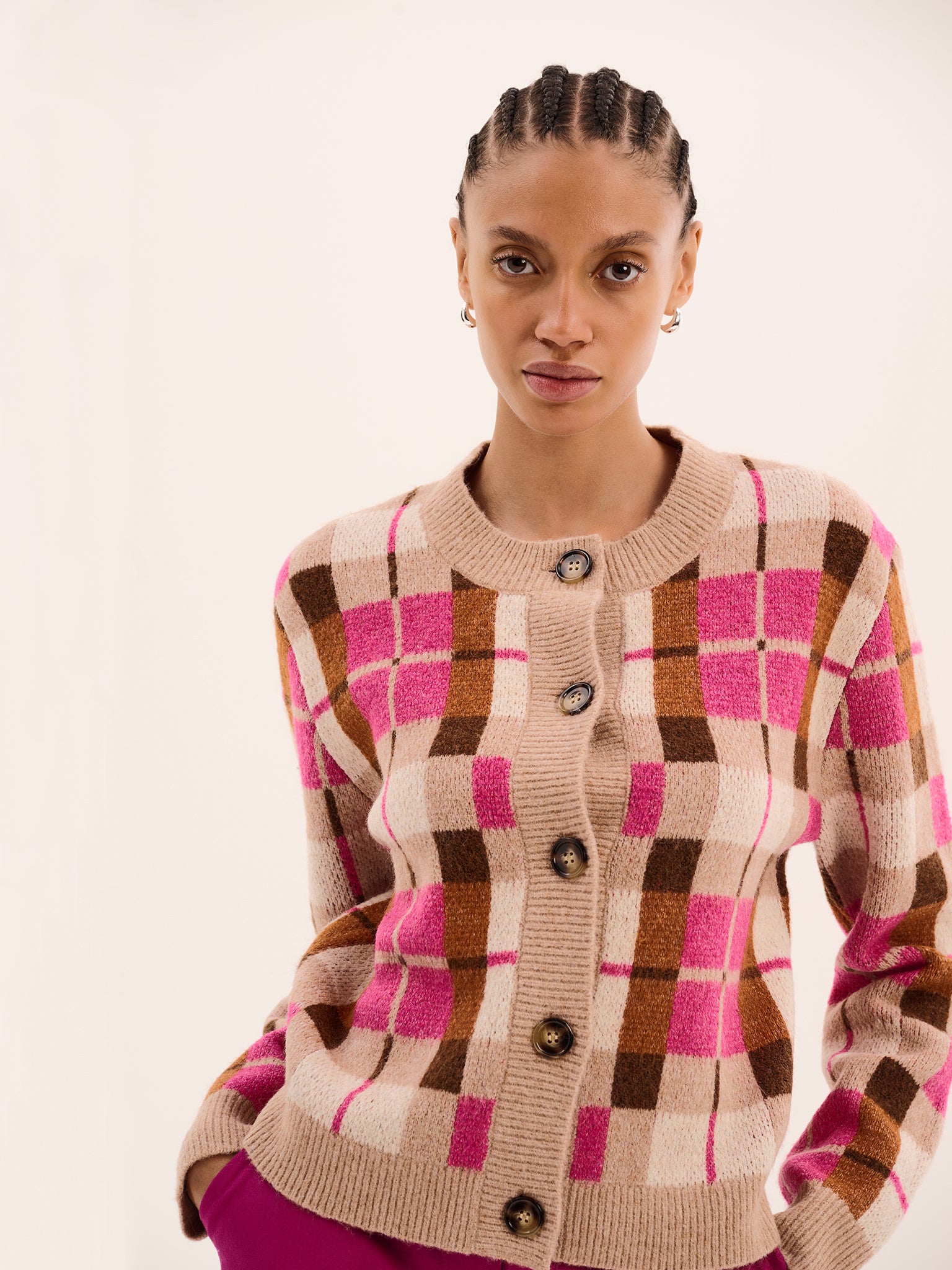 mideal plaid pattern cardigan pink mideal plaid pattern cardigan