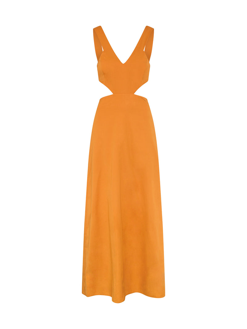 yellow maxi dress with cutout detailing and ties at the shoulder