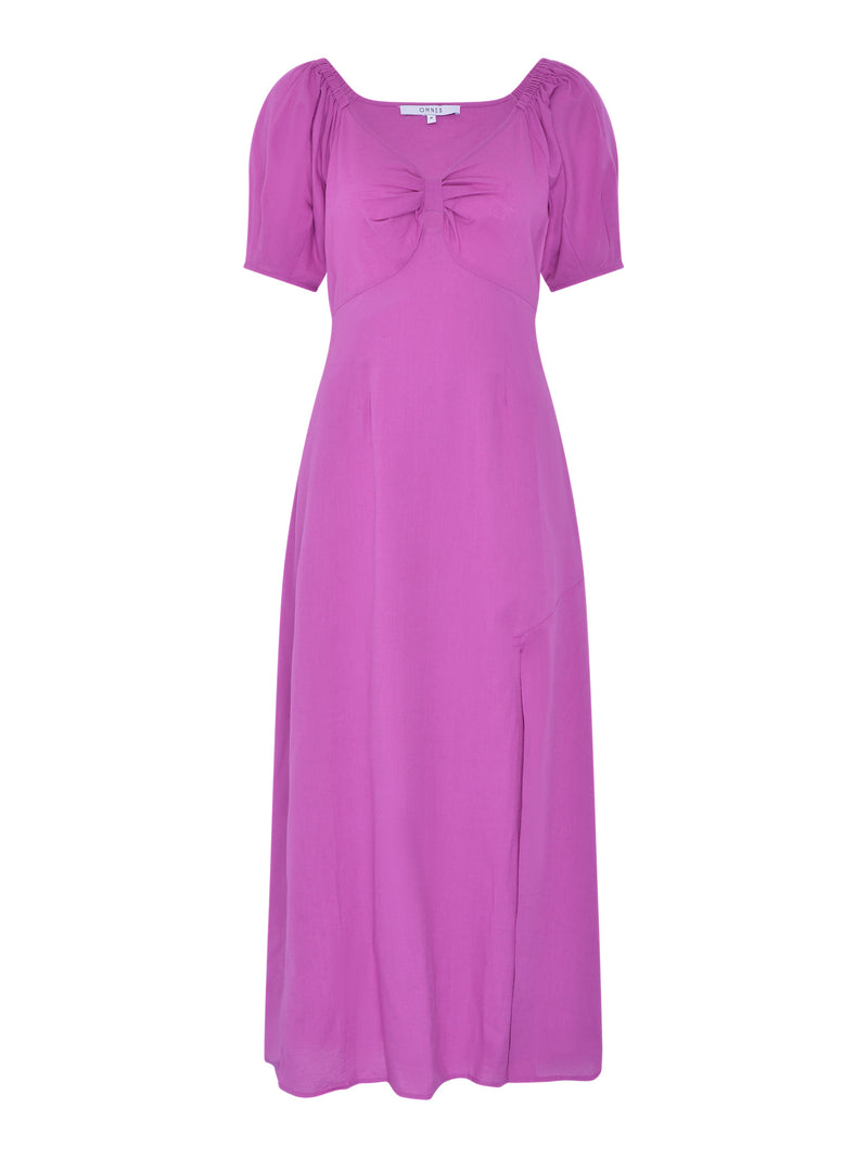 London Linen Bow Detail Midi Dress in Magenta