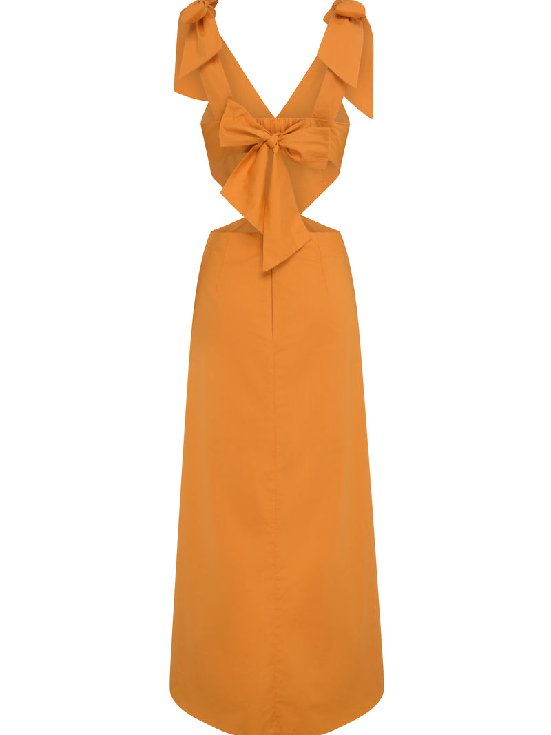 yellow maxi dress with cutout detailing and ties at the shoulder and a tie bow detailing at the back