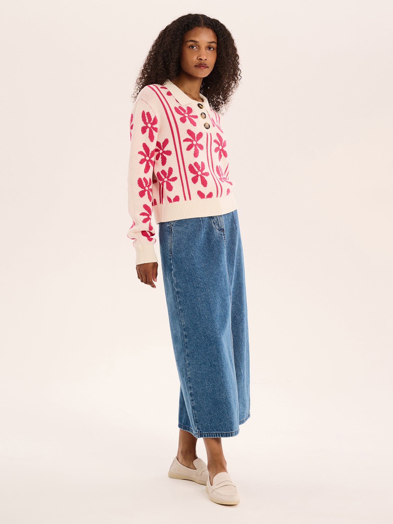 Loren Floral Cotton Jumper in Cream | OMNES | Knitwear