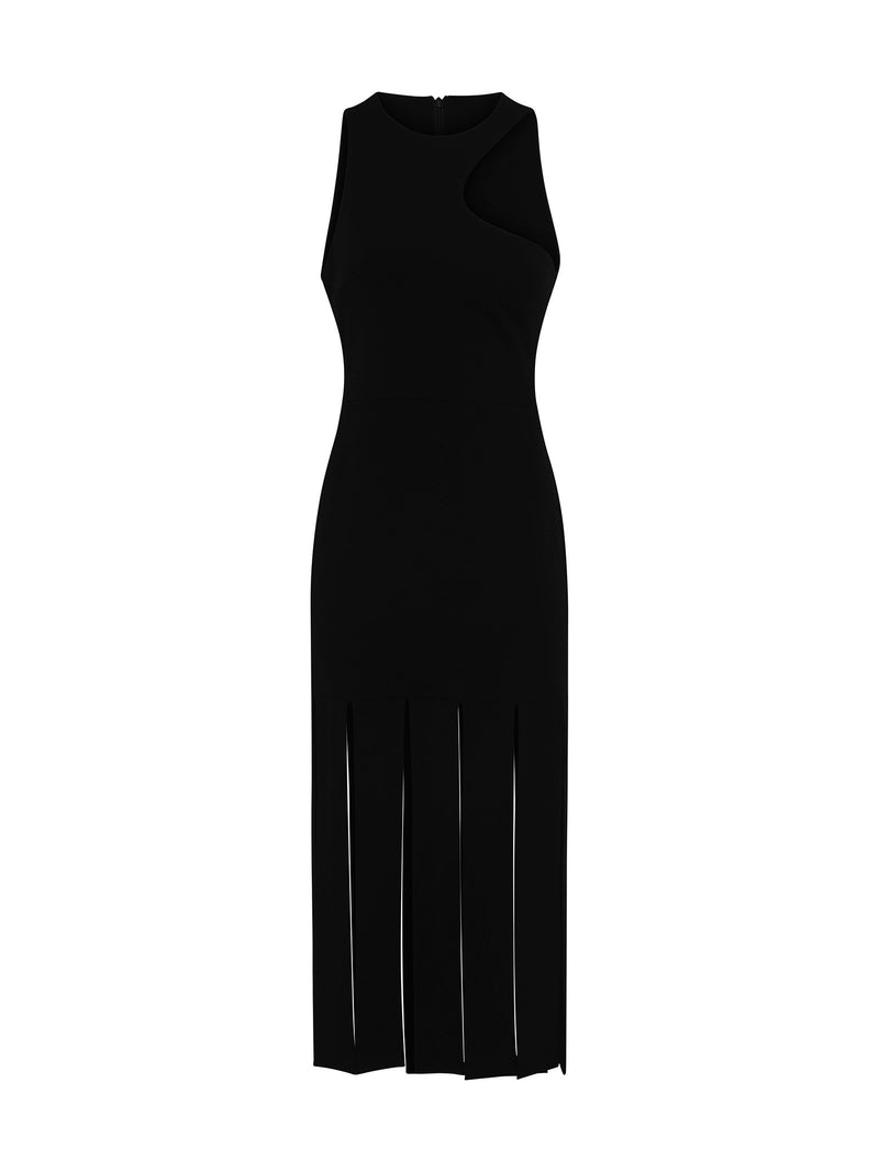 mid length black dress with panelling detail and high neck