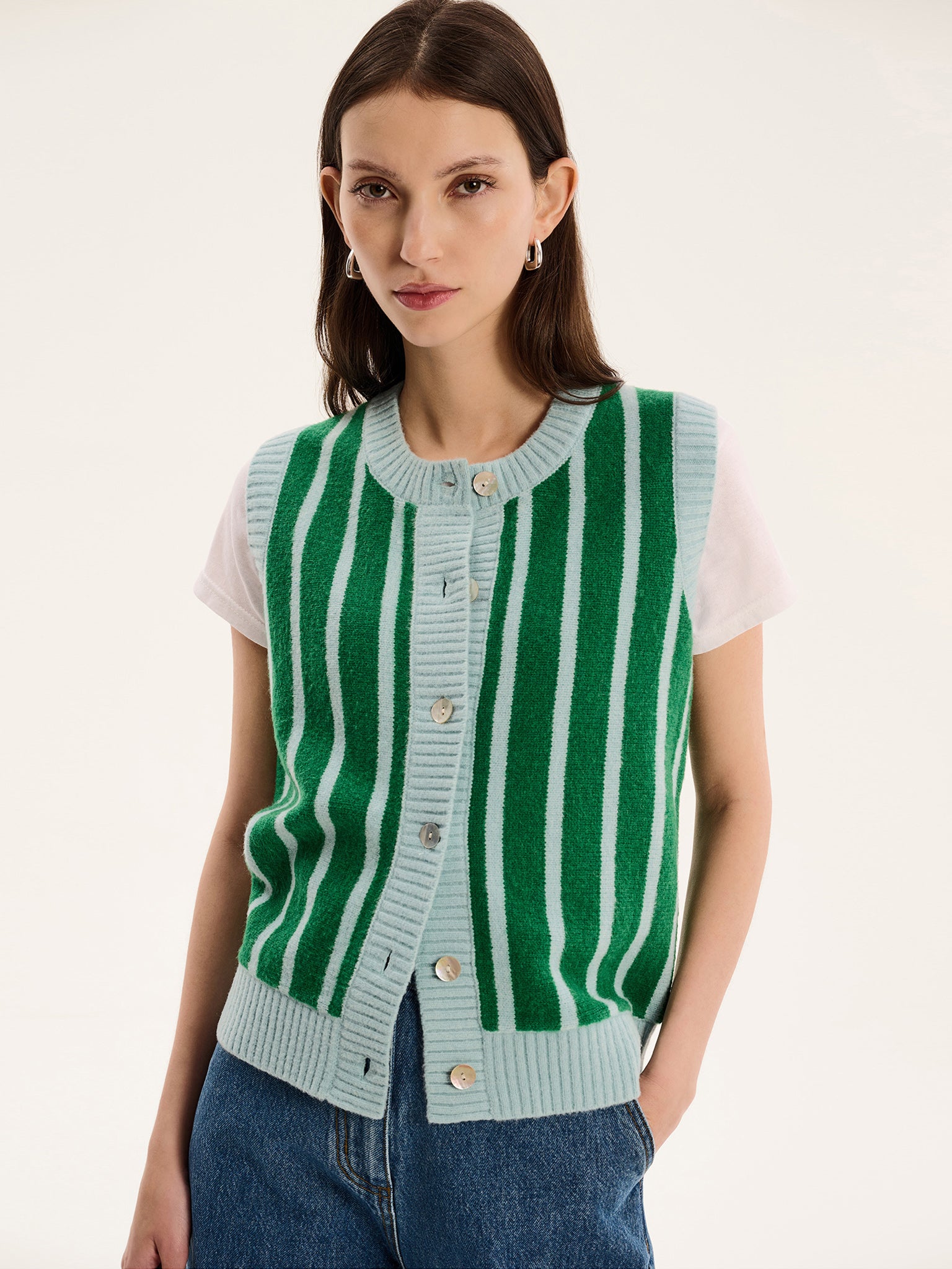 Matilda Stripe Vest in Green and Blue Stripe | OMNES | Knitwear