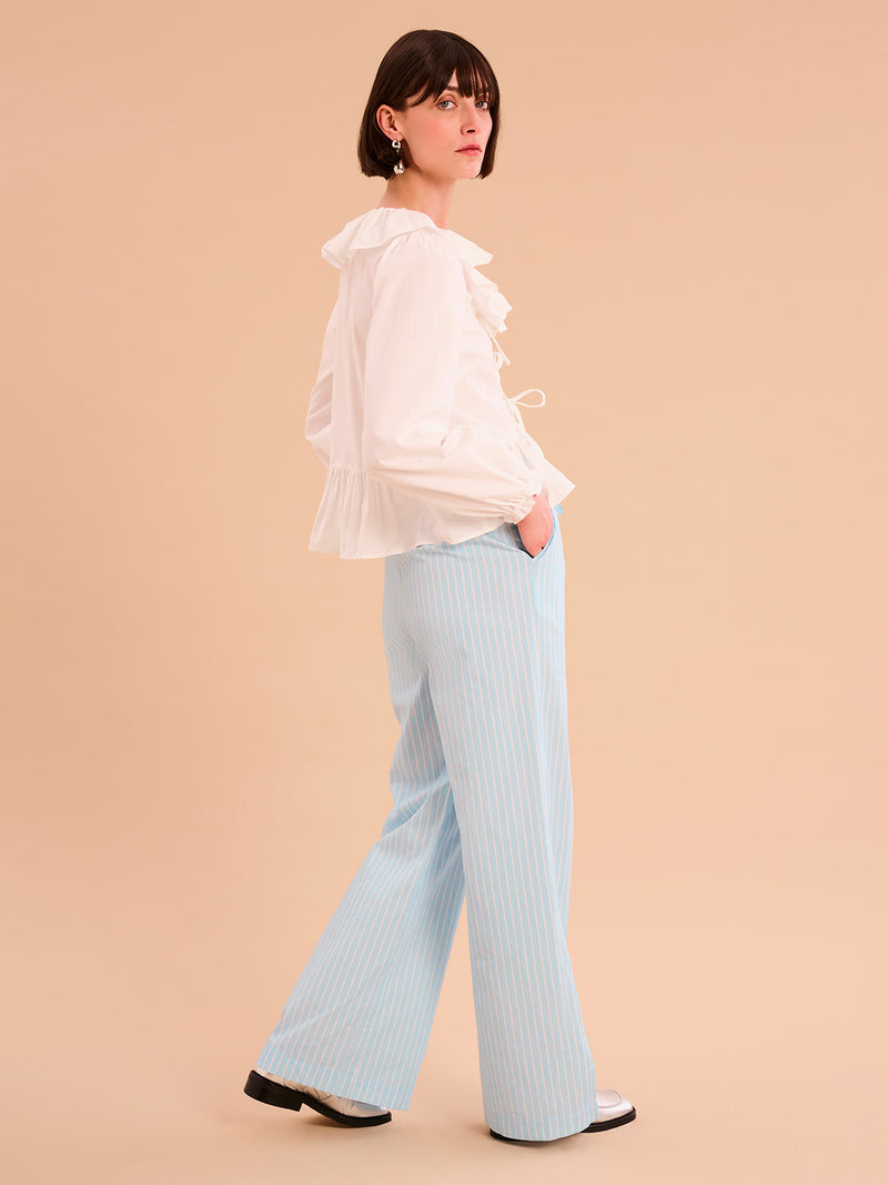 Ramela Elasticated Waist Trouser in Cream and Blue Stripe