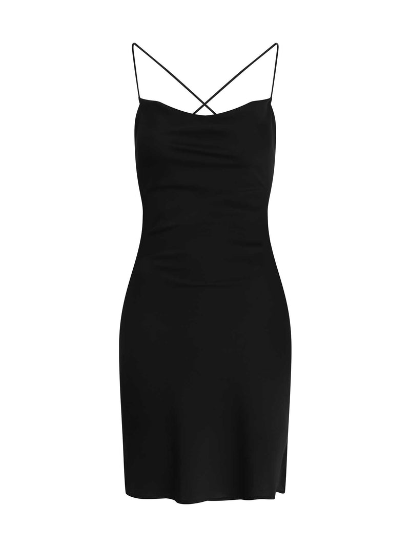 Black strappy mini dress with crossover tie back