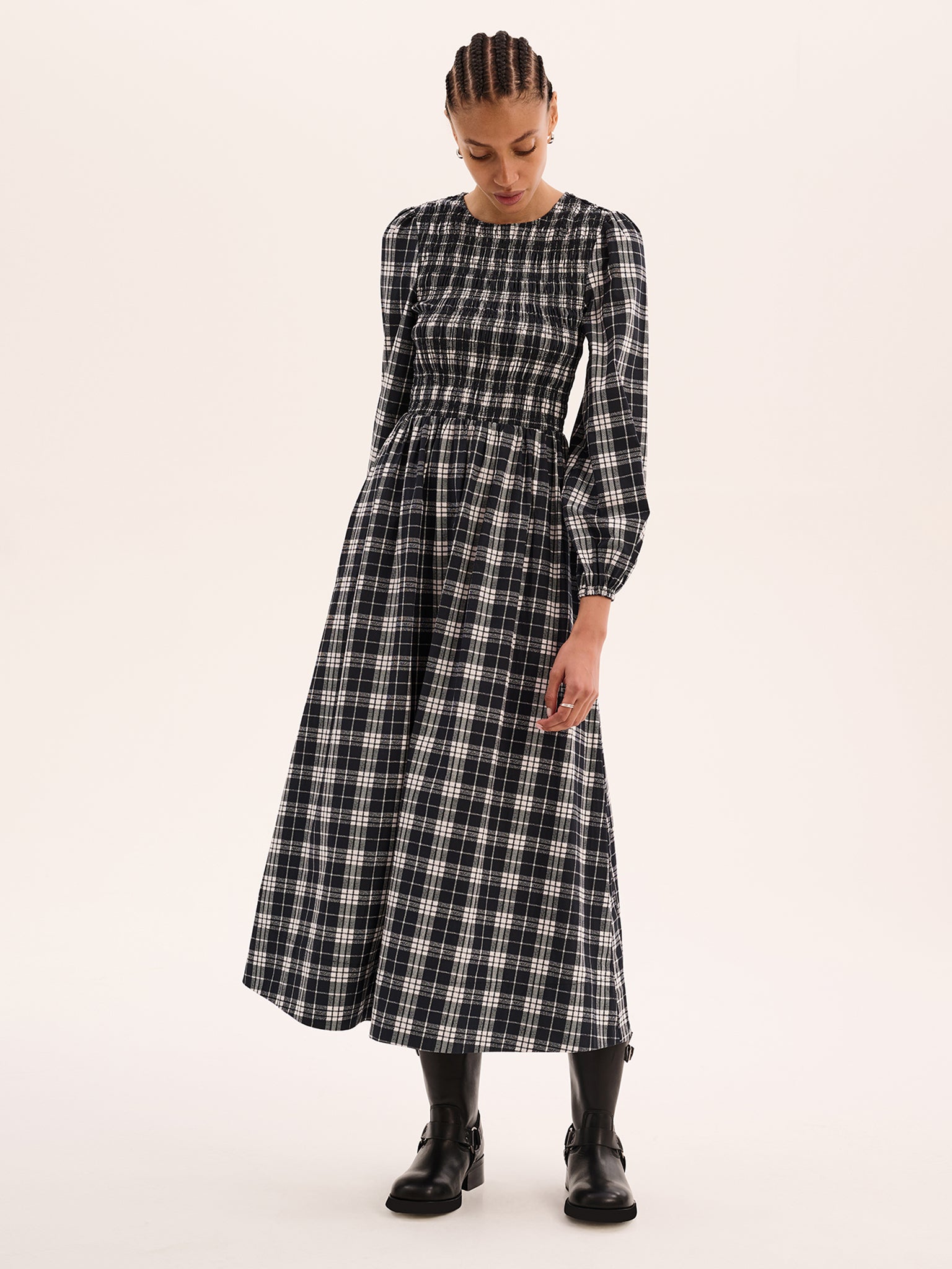 Saint Dress in Mono Check | OMNES | Ethical & Affordable Clothing