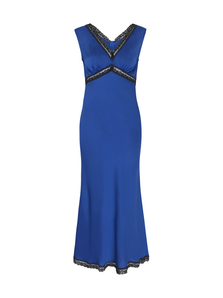 Saskia Lace V Neck Dress in Blue