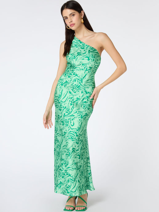 Uma One Shoulder Dress in Green Marble