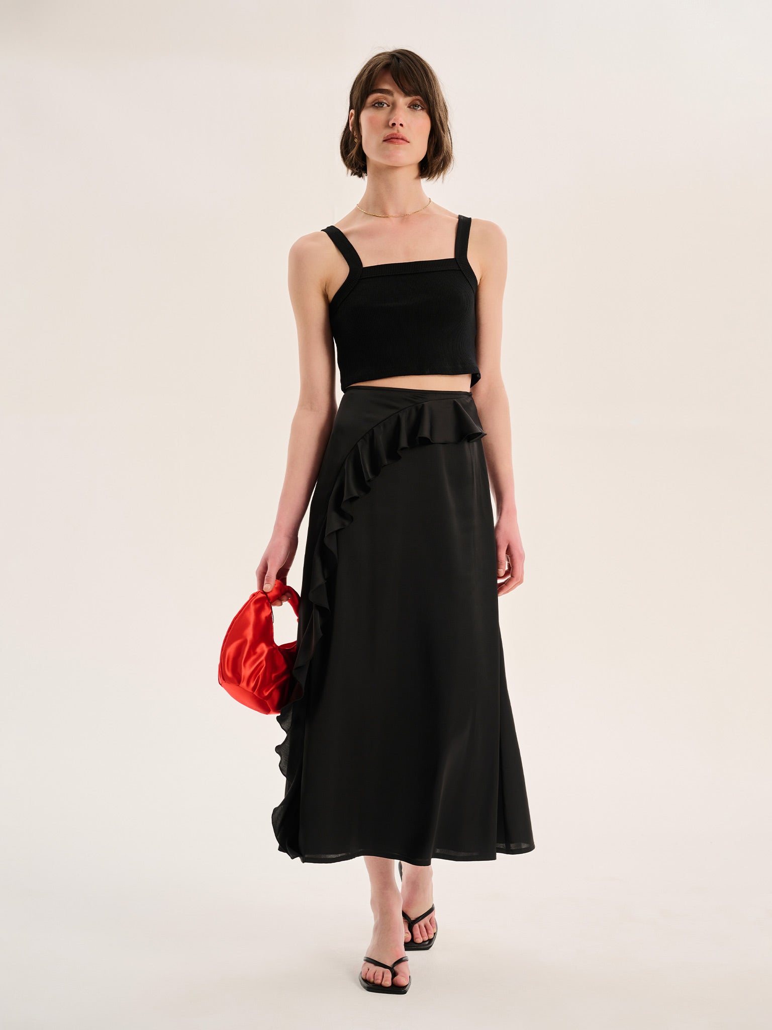 Udita Ruffle Detail Midi Satin Skirt