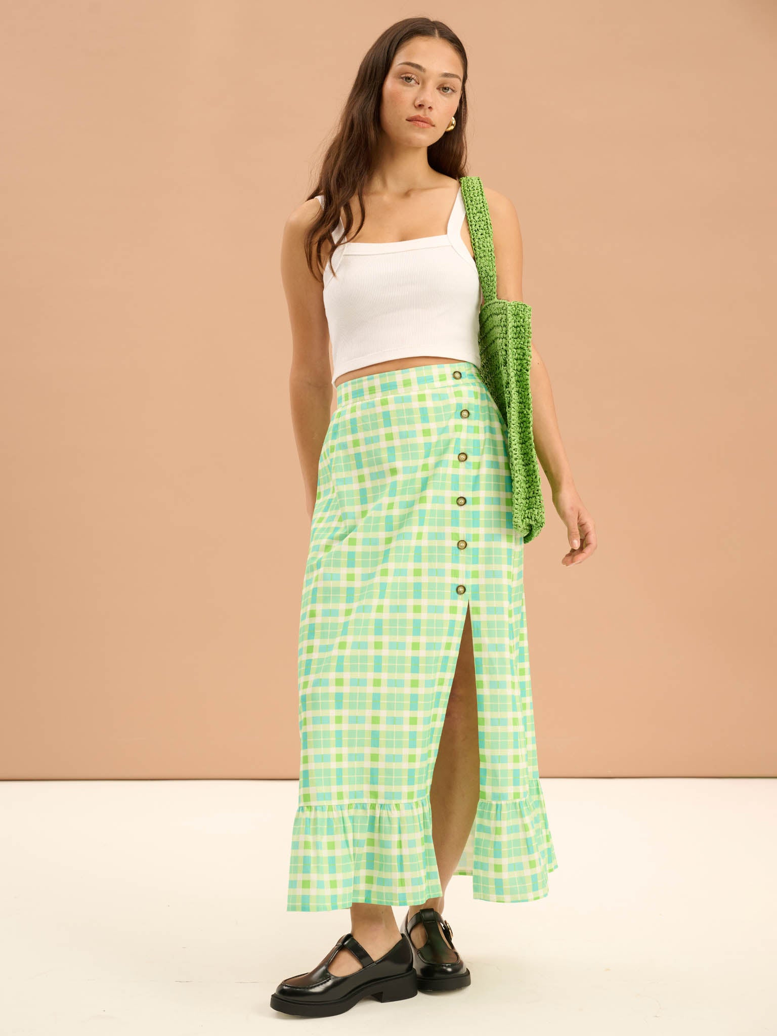 Adria Check Print Side Button Frill Hem Skirt