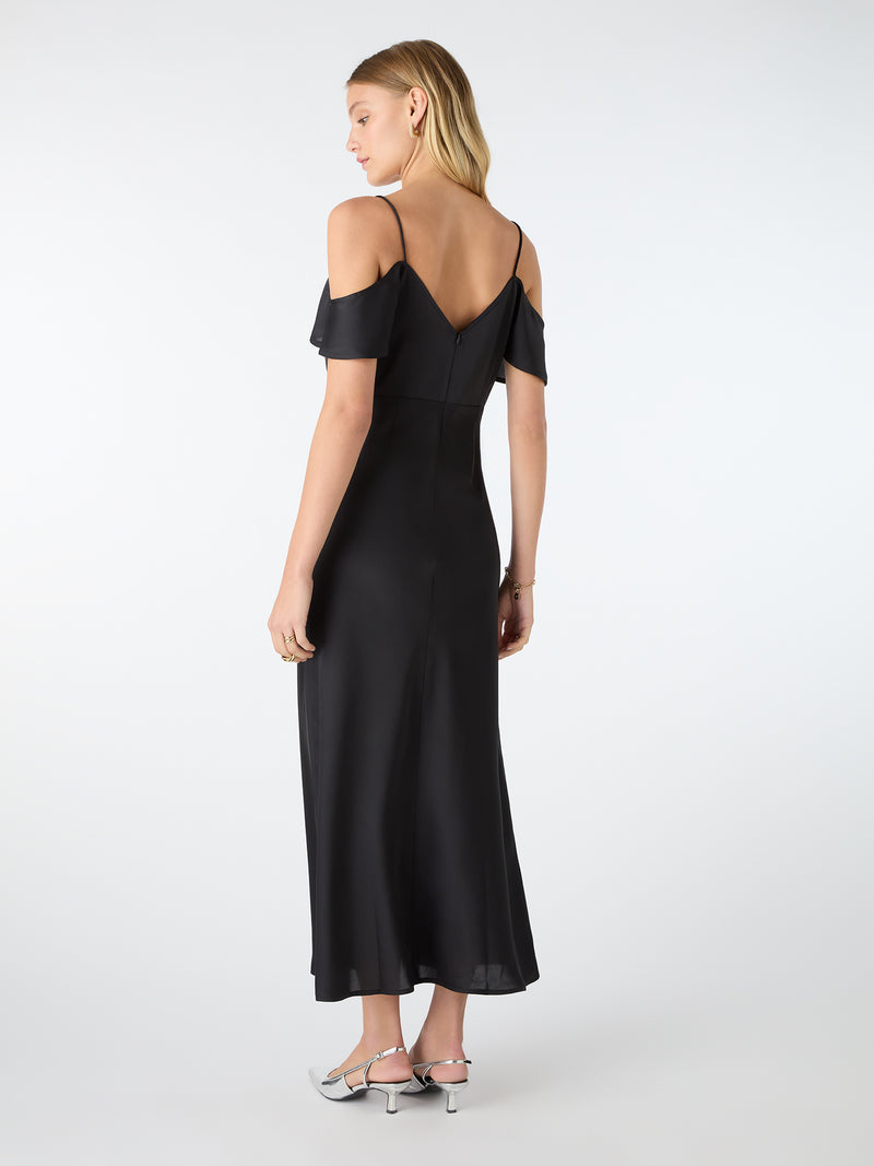 black drop shoulder midi dress in black