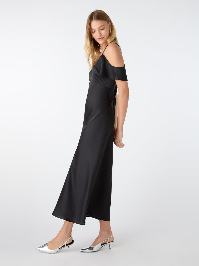 black drop shoulder midi dress in black