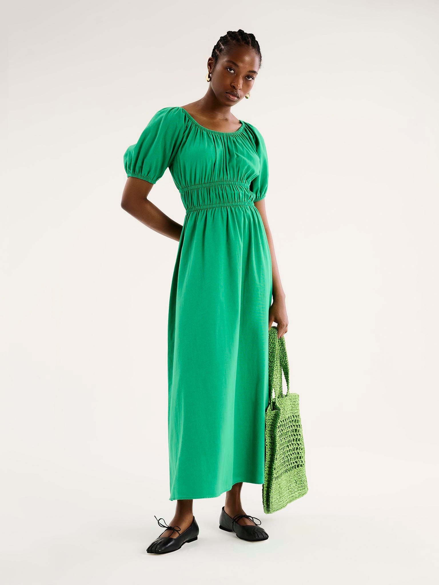 Arya Shirred Detail Round Neck Dress in Green | OMNES | Ethical &  Affordable Clothing