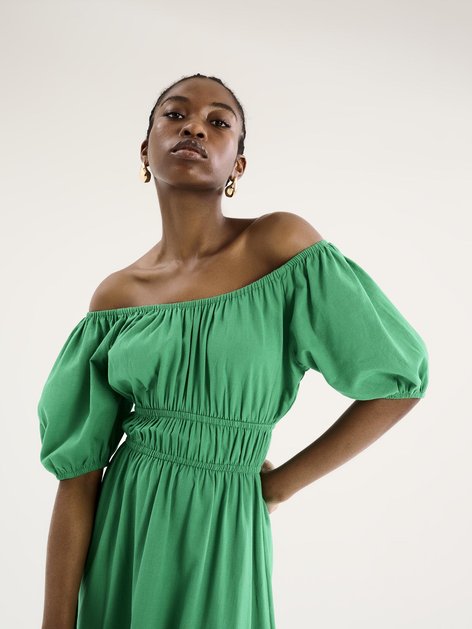Arya Shirred Detail Round Neck Dress in Green | OMNES | Ethical & Affordable Clothing | Shop Women's Dresses Arya Shirred Detail Round Neck Dress in Green | OMNES | Ethical & Affordable Clothing | Shop Women's Dresses