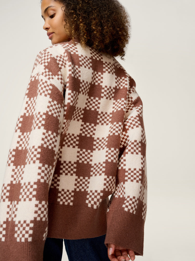 Athena Check Cardigan in Brown and Cream