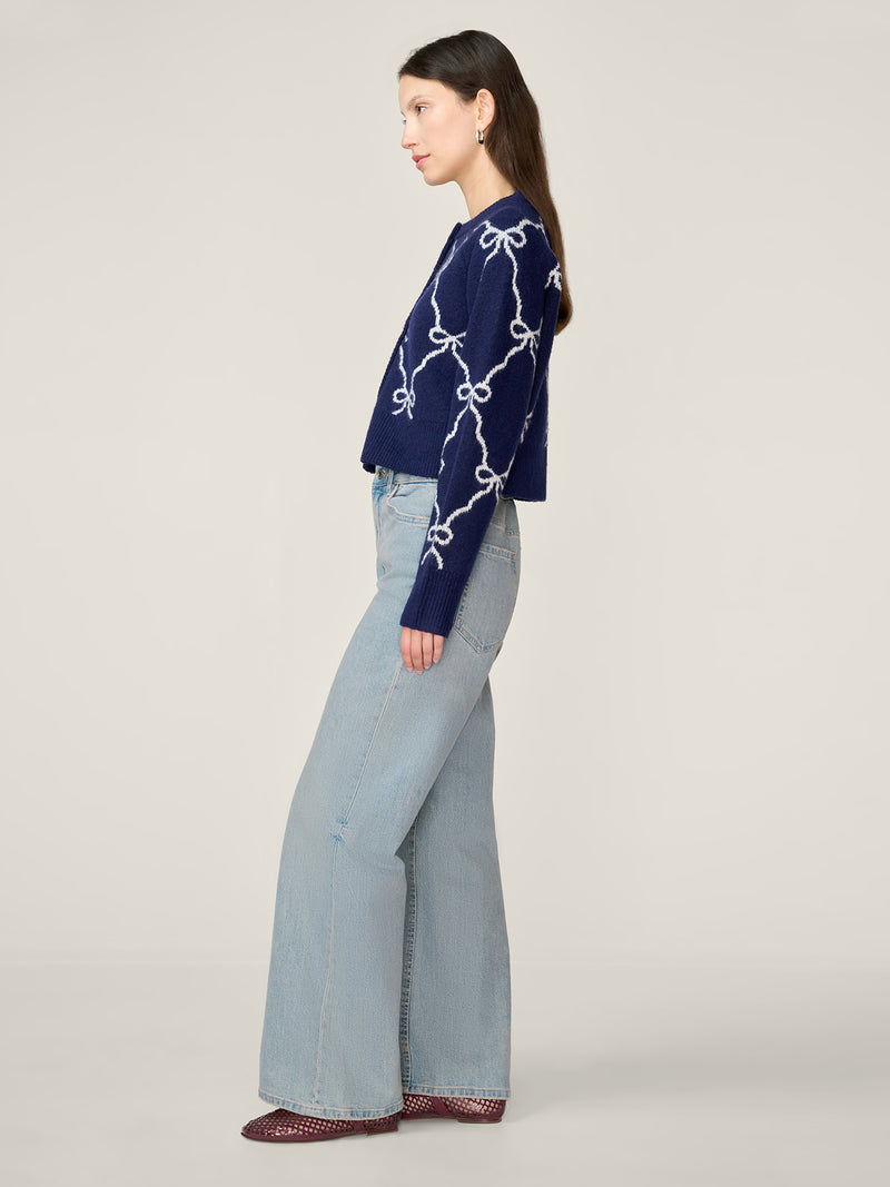 August Bow Check Cardigan in Navy