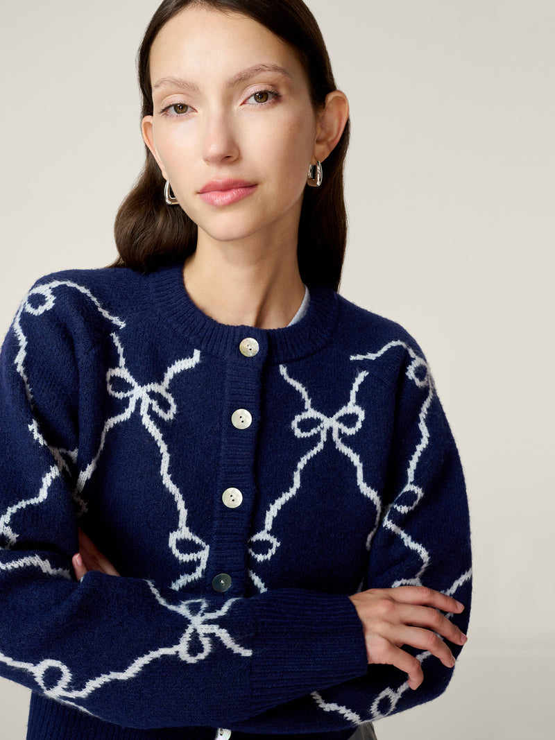 August Bow Check Cardigan in Navy