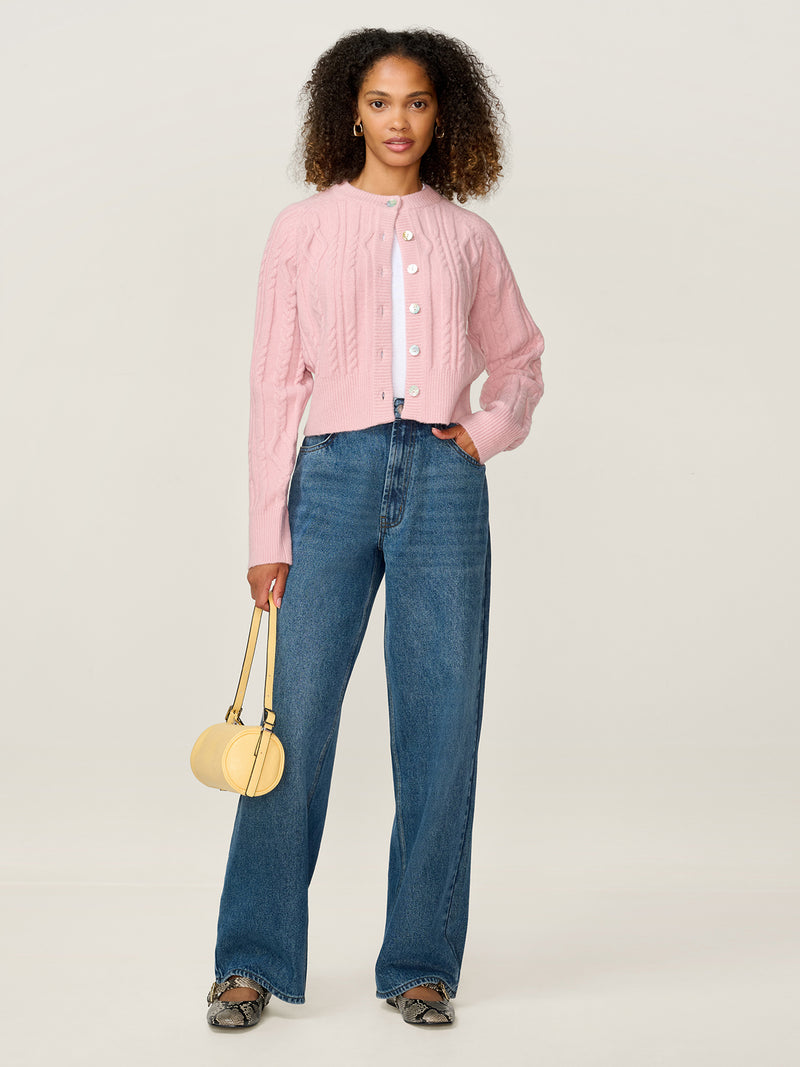 August Cable Cardigan in Light Pink