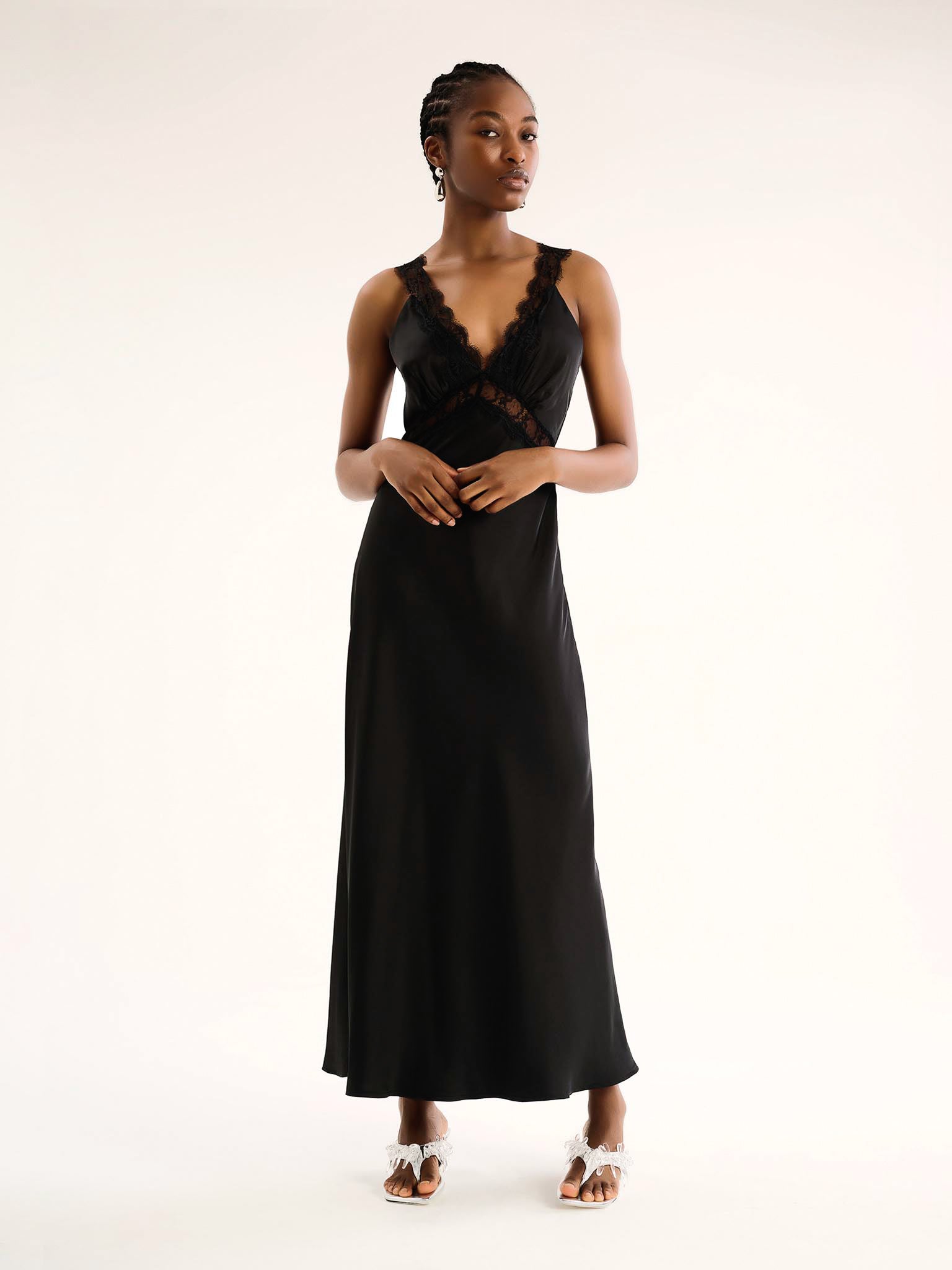 Aurelia Lace Trim Maxi Dress in Black OMNES Ethical