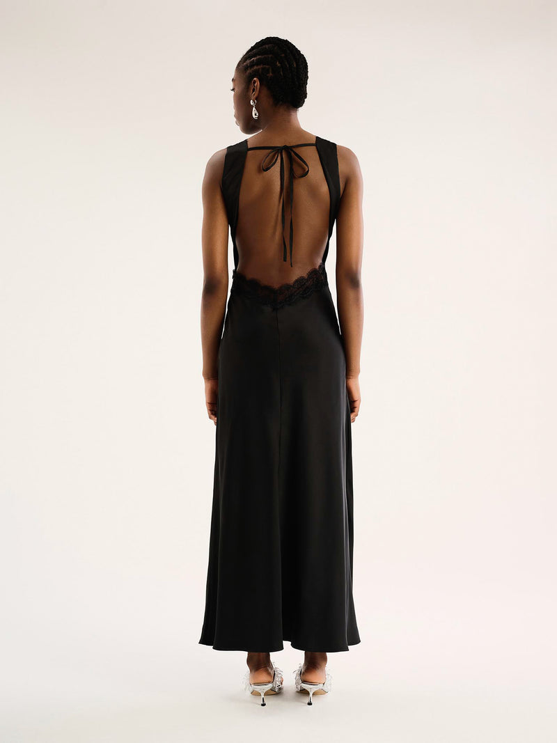 v neck black satin maxi dress with lace detailing and low back