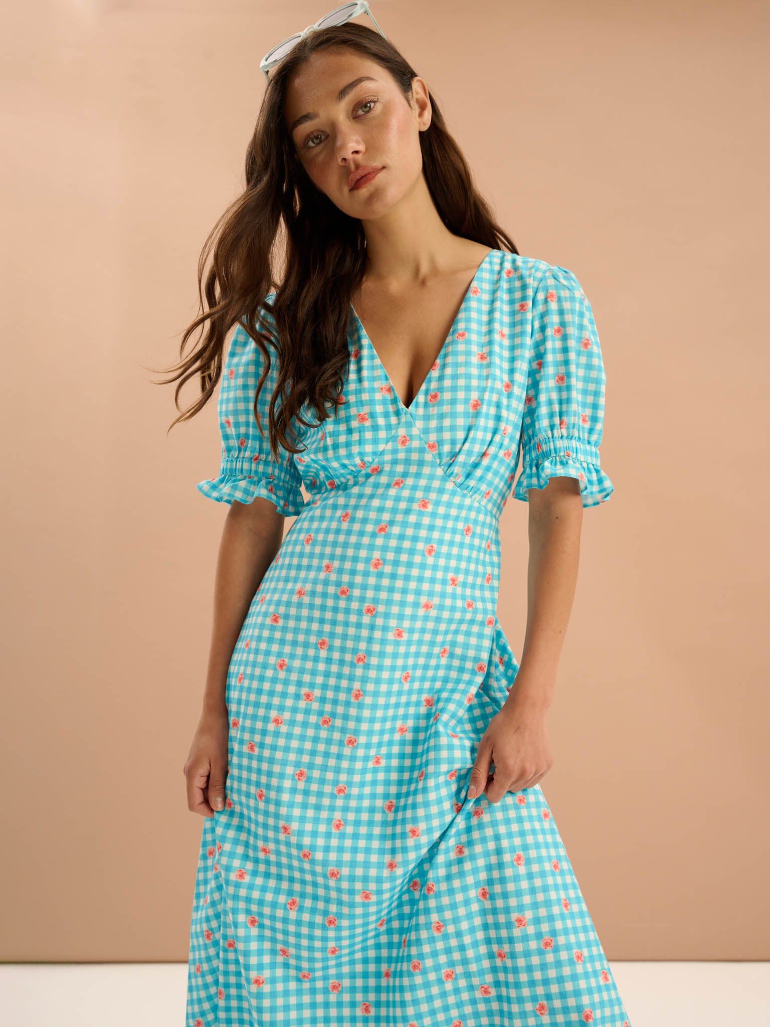 Beverley Floral Gingham Printed Frill Cuff Midi Dress in Blue | OMNES | Ethical & Affordable Clothing | Shop Women's Dresses Beverley Floral Gingham Printed Frill Cuff Midi Dress in Blue | OMNES | Ethical & Affordable Clothing | Shop Women's Dresses