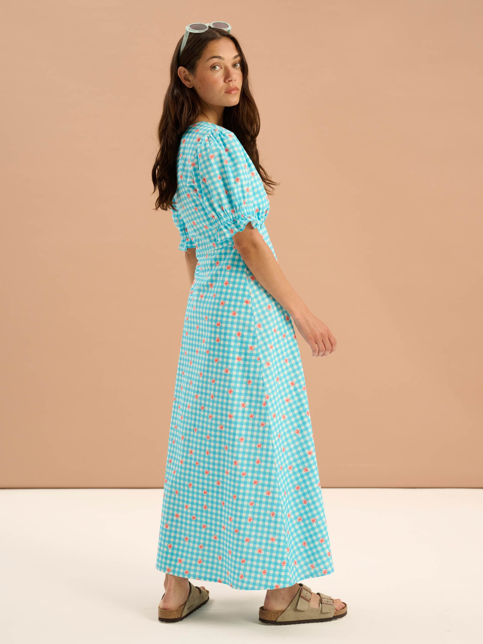 Beverley Floral Gingham Printed Frill Cuff Midi Dress in Blue | OMNES | Ethical & Affordable Clothing | Shop Women's Dresses Beverley Floral Gingham Printed Frill Cuff Midi Dress in Blue | OMNES | Ethical & Affordable Clothing | Shop Women's Dresses