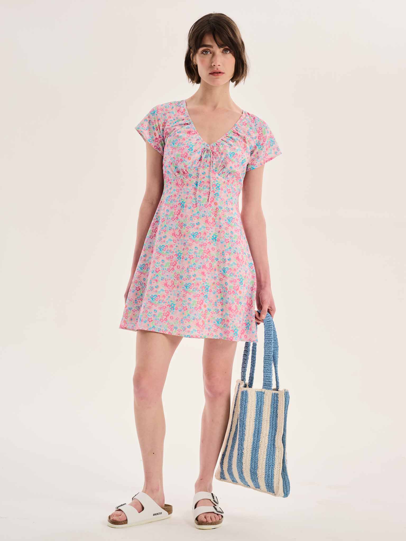 Dotty V Neck Ruched Mini Dress Floral Print